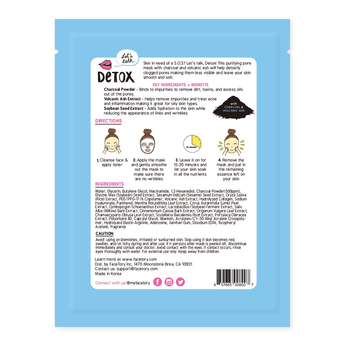 FACETORY Let's Talk, Detox Purifying Sheet Mask with Charcoal and Volcanic Ash - For All Skin Types - Detoxifying, Soothing, and Purifying (Pack of 10)