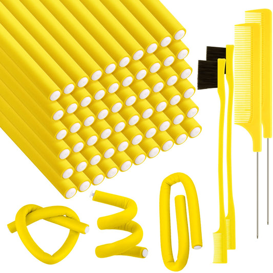 64 Pieces Flexible Curling Rods Hair Twist Flexible Rod Foam Curler Roller with Hair Edge Brush and Comb for Women Girl Short Medium Long Hair (Yellow, 0.8 x 24 cm)