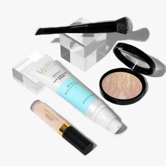 LAURA GELLER NEW YORK Mature Skin Basics Kit - Porcelain: Baked Balance-n-Brighten Foundation + Ideal Fix Liquid Concealer + Spackle Makeup Primer, Hydrate + Dual-Ended Foundation and Concealer Brush