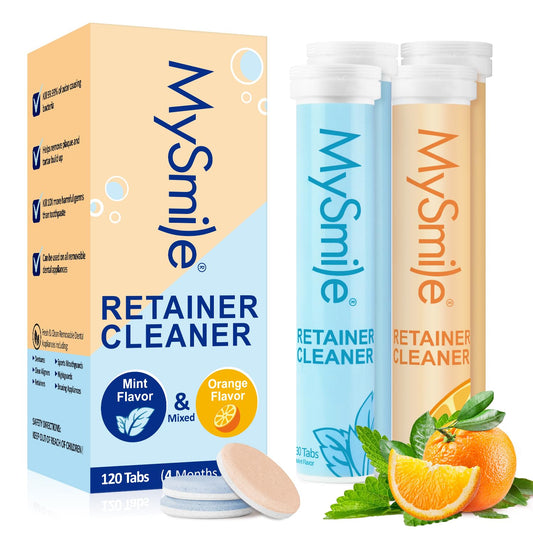 MySmile Retainer Cleaner with 120 Denture Cleaning Tablets, Quickly Remove Odors, Discoloration Stains & Plaque from Aligner, Mouth Guard, Night Guard and More Dental Appliances (Mint+Orange Flavor)