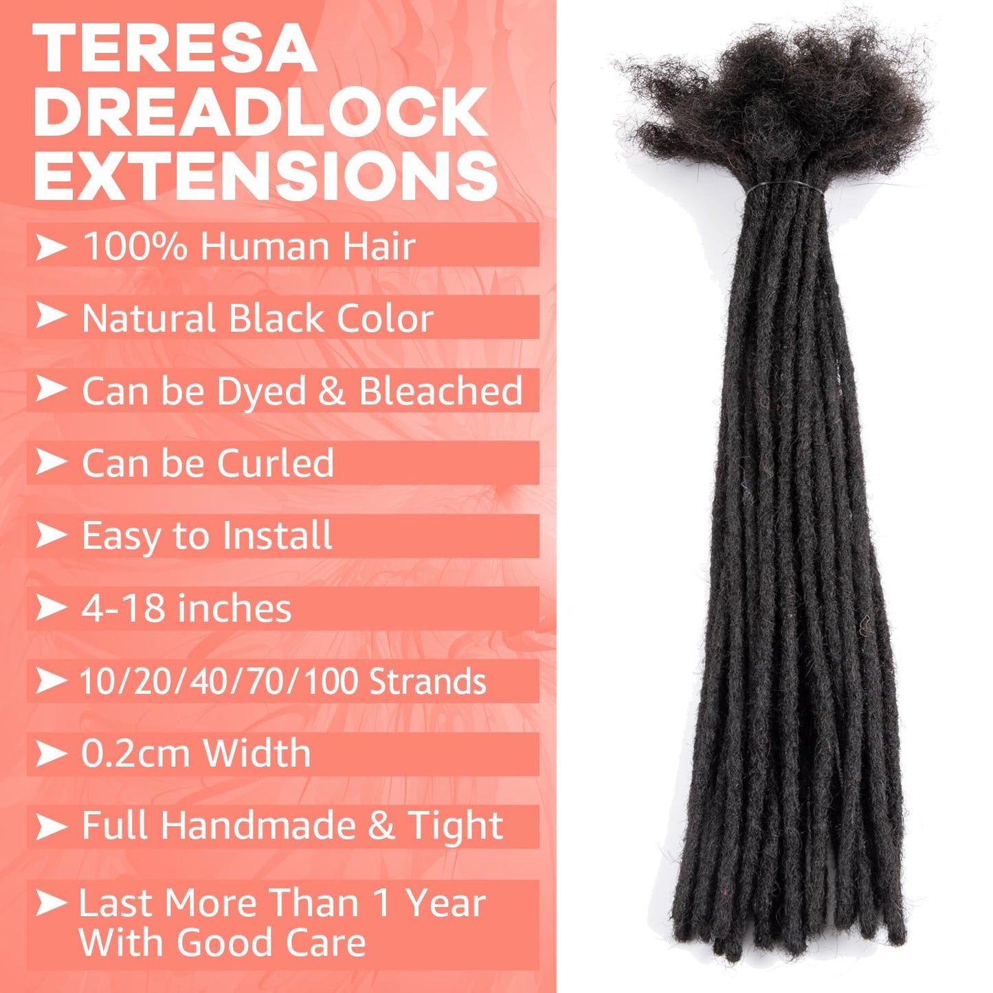 Teresa 14 Inch 0.2cm Width Loc Extension Human Hair Natural Black 40 Strands Full Hand-made Permanent Locs Extensions Can Be Dyed and Bleached for Men/Women/Kids Real Dreadlock Extensions Human Hair