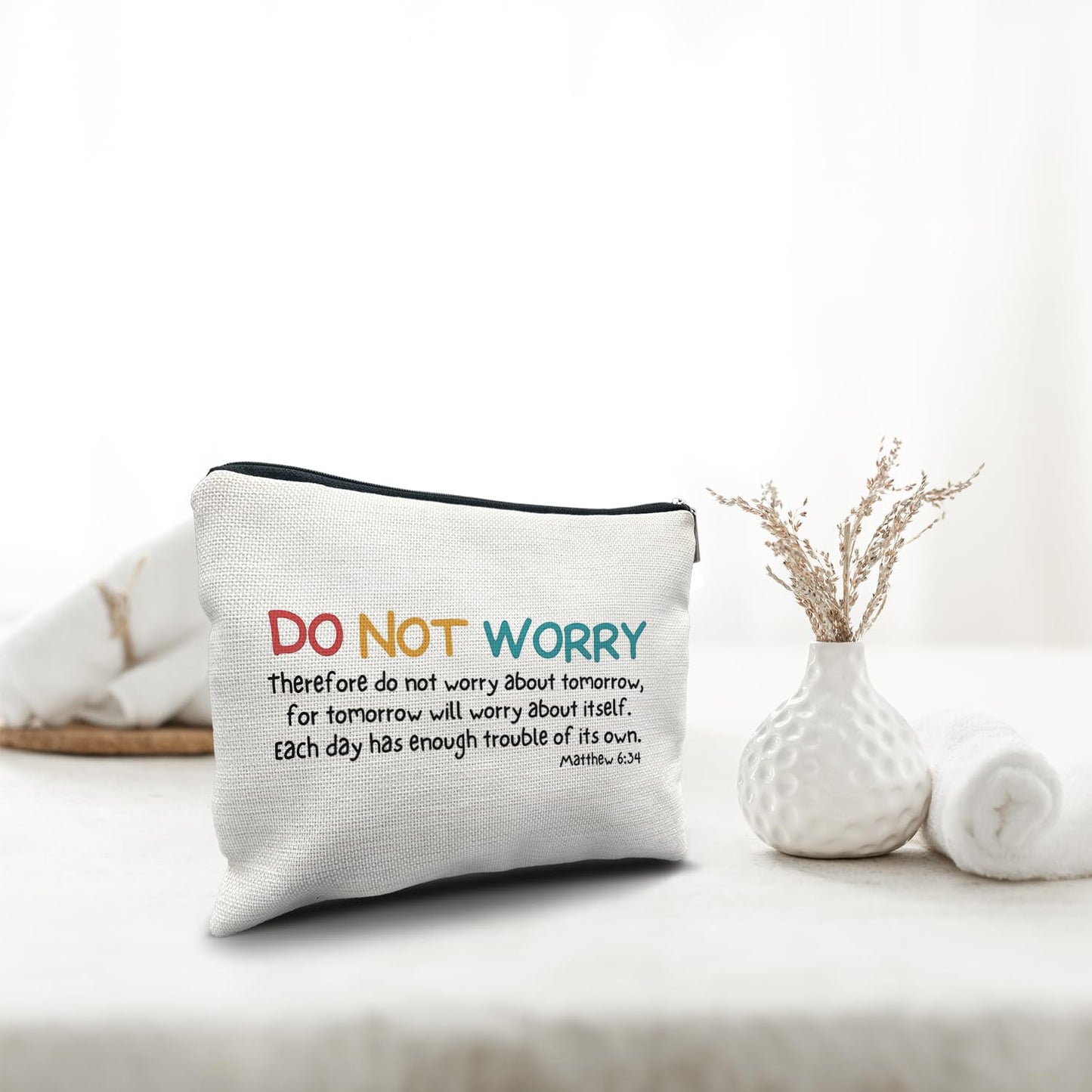 Nogrit Christian Inspirational Makeup Bag Cosmetic Bags for Women, Christian Gifts for Women Faith, Religious Bible Verse Small Makeup Cosmetic Bag for Purse, Matthew 6:34