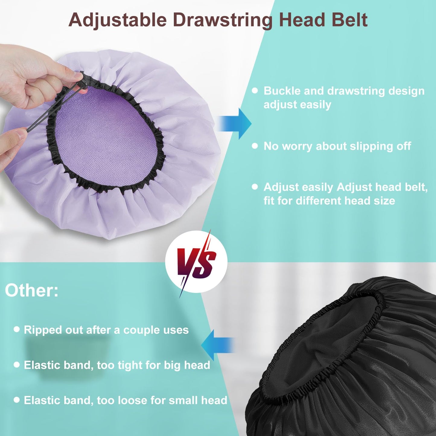 Sheomern 2 Pcs 13.5" Dual Waterproof Design Adjustable Terry Shower Cap for Women and Men, EVA Double Layer Bath Cap Reusable for Braids, Long Hair, Dreadlocks