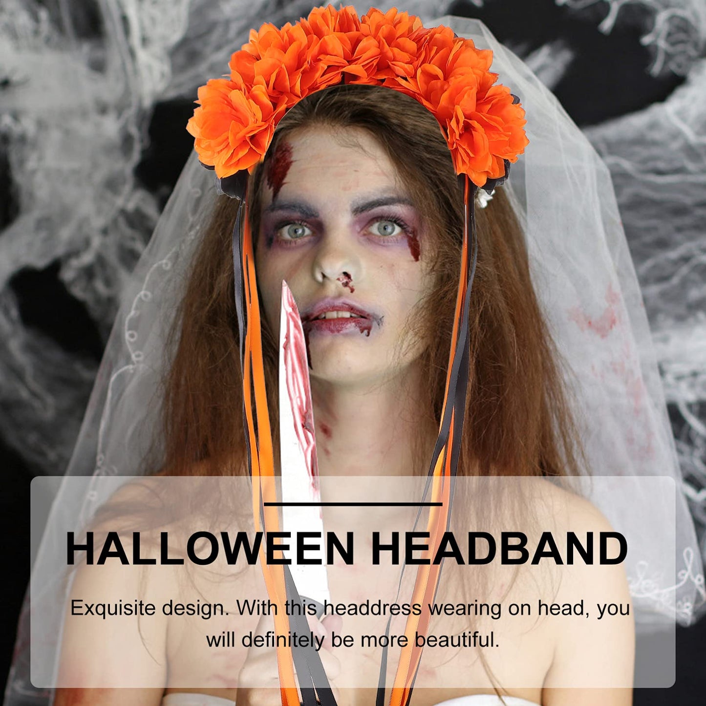 Halloween Wreath Headband Day of Dead Flower Crown Festival Headband Mexican Floral Headpiece with Ribbon for Girls Orange Black