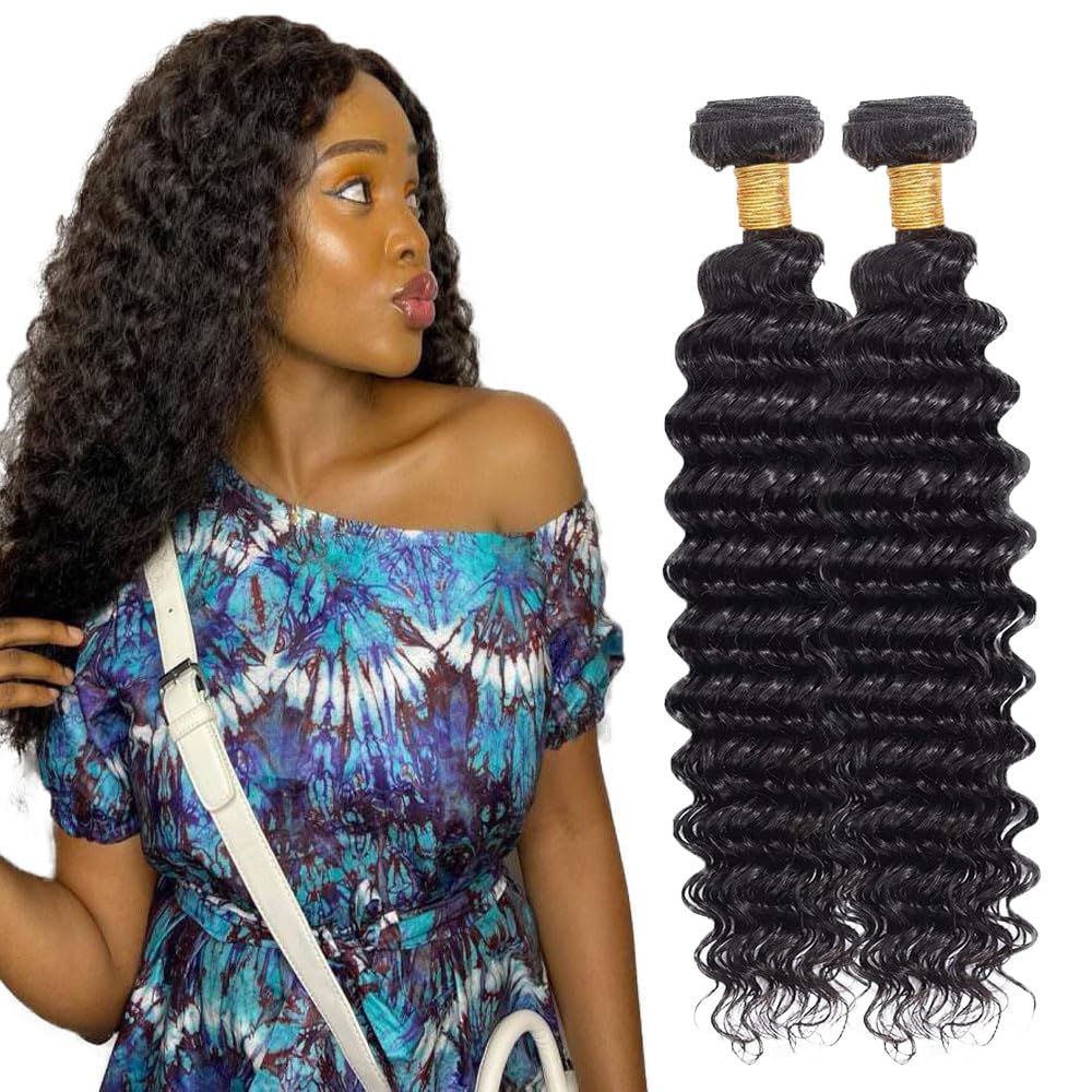 10 12 Inch Deep Wave Bundles Human Hair Deep Curly Human Hair Weave 2 Bundles 100% Unprocessed Brazilian Virgin Hair Deep Wave Bundles Human Hair Extensions for Black Women