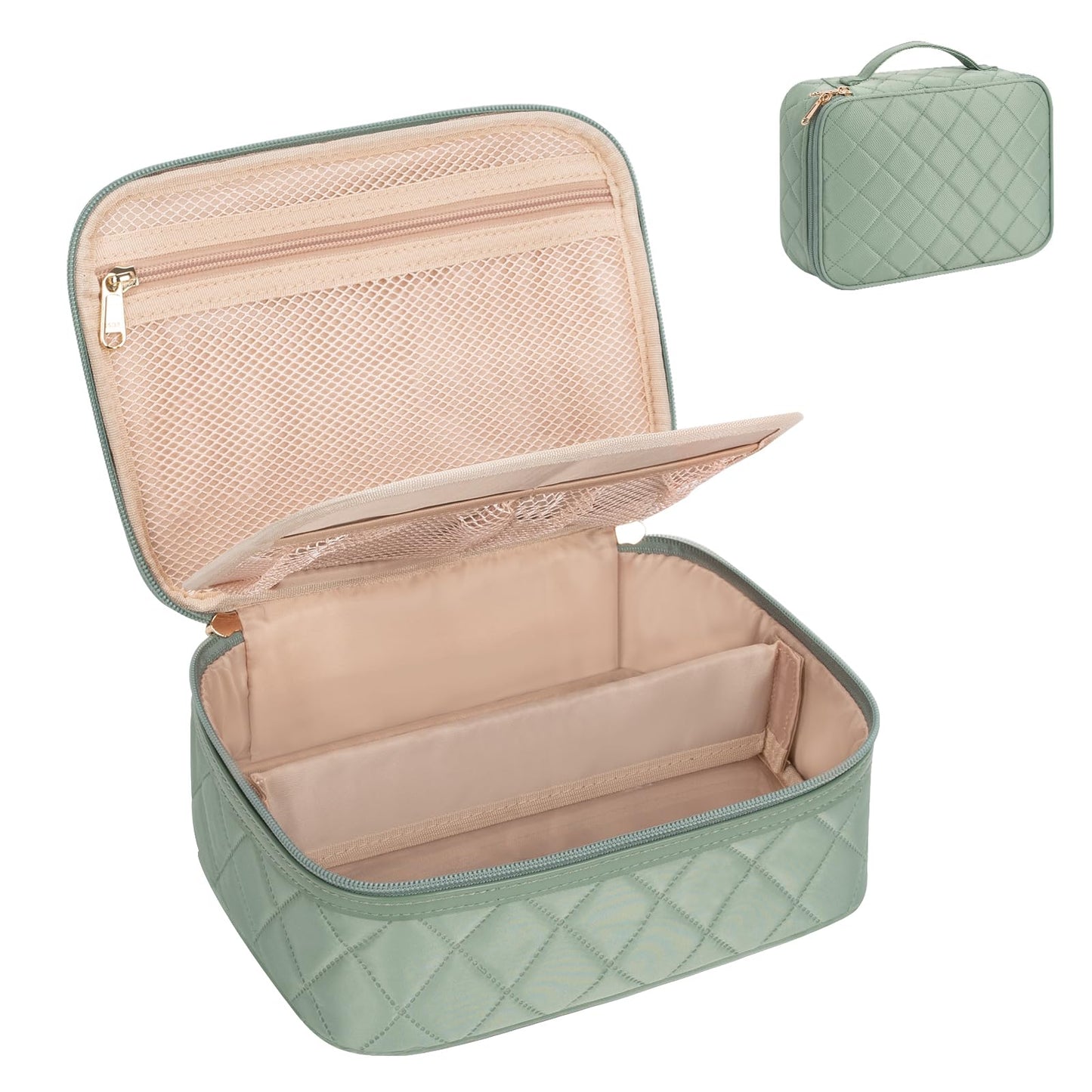 Makeup Bag, Potable Make up Bag Cute Makeup Organizer Bag for Toiletry Cosmetics Accessories with Divider and Brushes Compartments, Makeup Travel Case Cosmetic Bags Women and Girls- Nylon Green