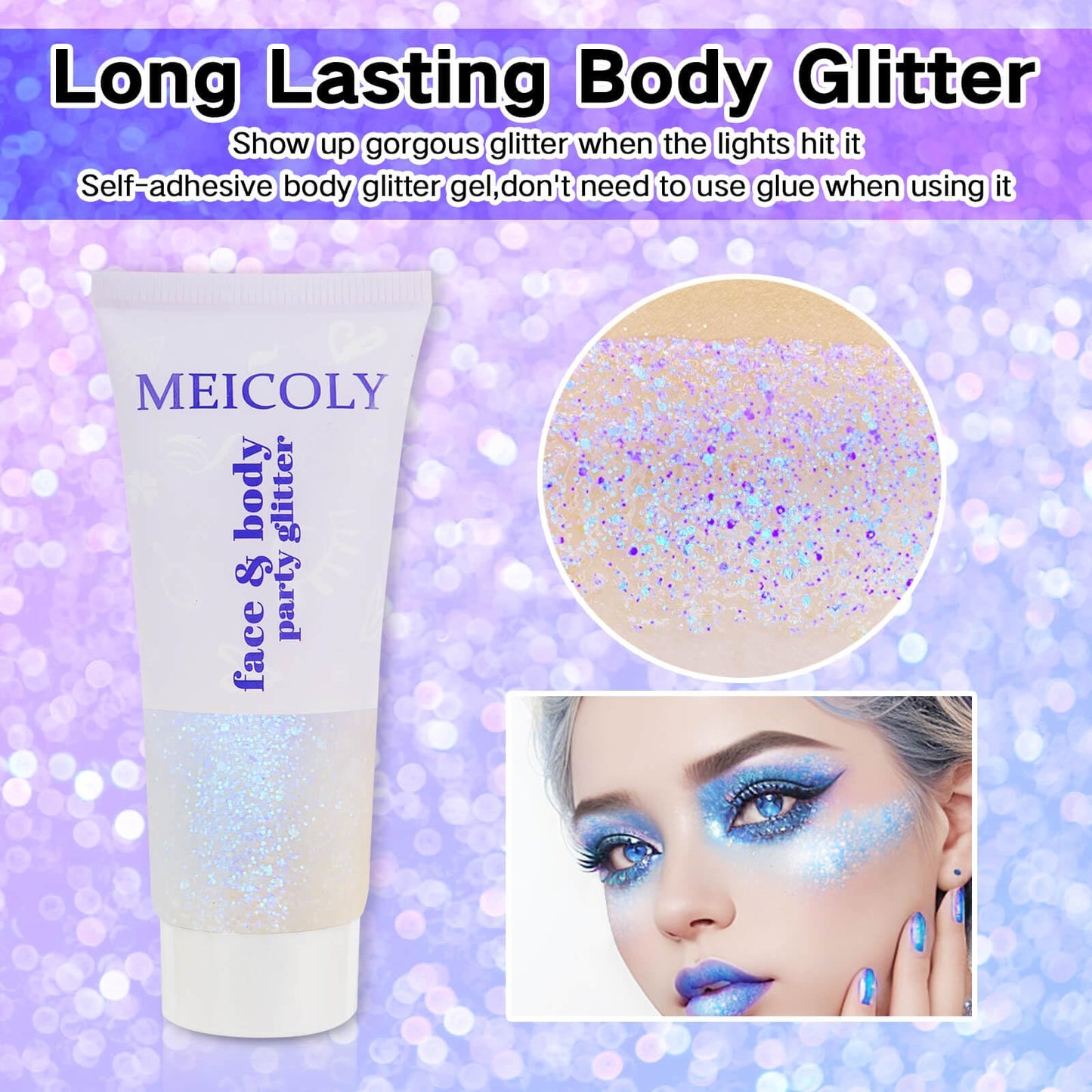 MEICOLY Sparkling Blue Body Glitter,Holographic Face Glitter Gel,Color Changing Glitter Gel for Body,Face,Hair,Lip,Eye,Long Lasting Sequins Glitter Face Paint Glitter Makeup,50ml