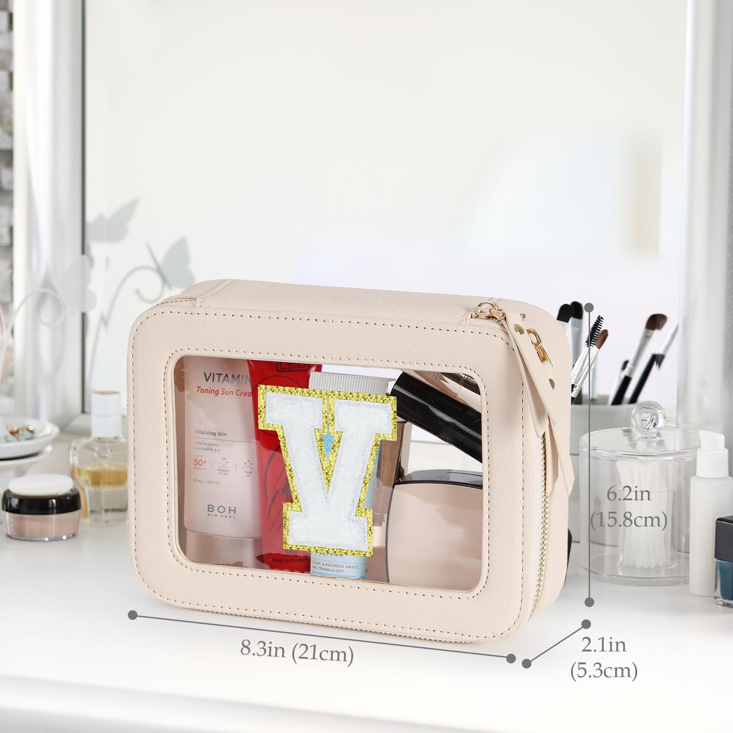 Clear Initial Makeup Bag - Toiletry Cosmetic Bag For Women, Cute Car Accessories & Essentials, And Preppy Makeup Bag For On-The-Go Glam - Gold Zippers Included, With Chenille Letter Decoration(V)