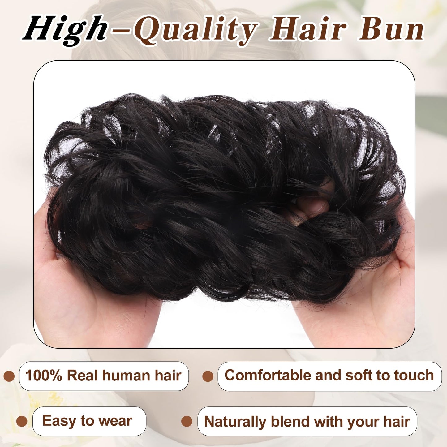 HMD 100% Human Hair Bun Messy Bun Extensions Human Hair Messy Rose Bun Hair Piece Curly Hair Bun with Elastic Band Hair Bun Hair Extensions Tousled Updo Hairpieces for Women(Brown Black)