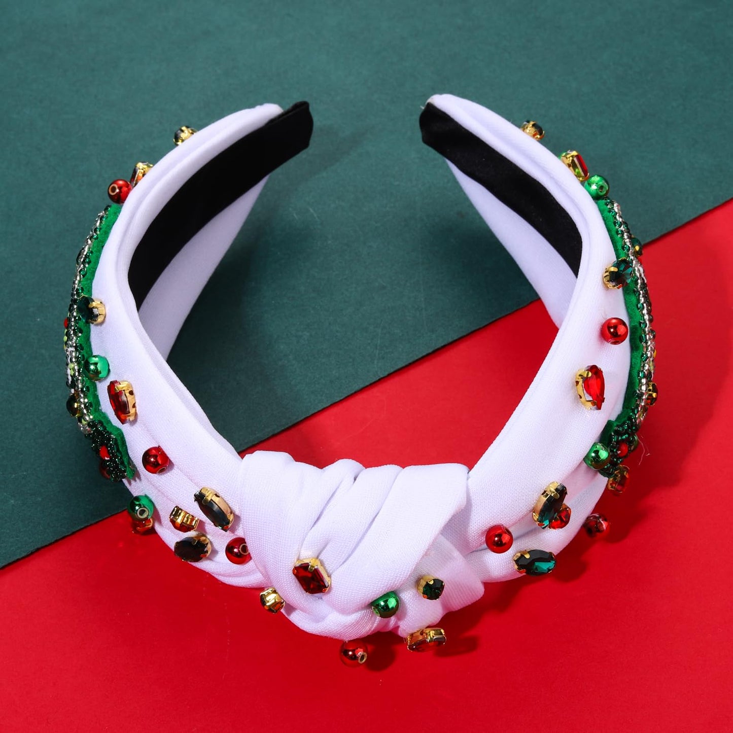 Christmas Tree Knotted Headband for Women Pearl Rhinestone Jewelry Christmas Tree Beaded Hairband Winter Holliday Wide Knot Headband Christmas Party Favors Gifts