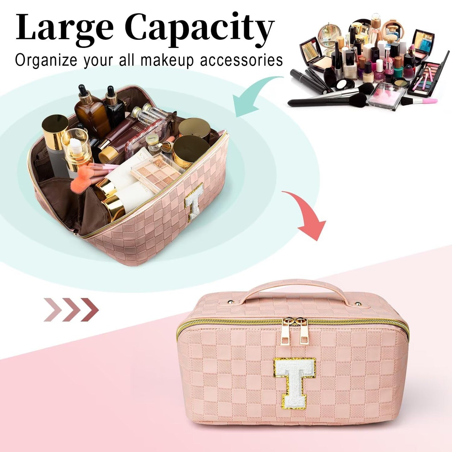 TOPEAST Gifts for Friends Female Mom, Travel Makeup Bag Large Capacity Cosmetic Bag Checkered Pu Leather Toiletry Bag, Personalized Birthday Gift Wedding Bridal Shower Gift for Bridesmaids, Q