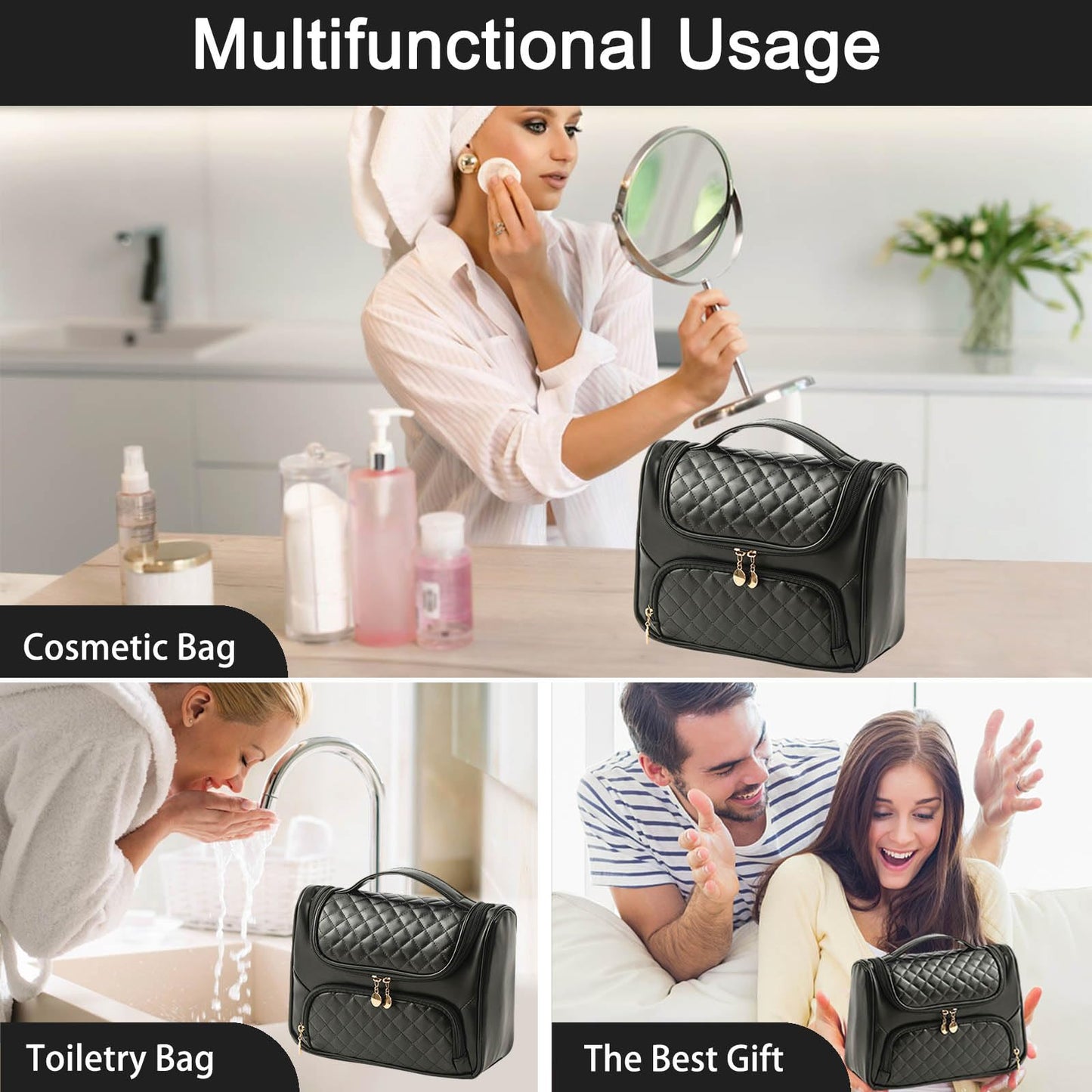 GOLDORANGE Cosmetic Bag Large Capacity Hanging Toiletry Bag Portable Travel Makeup Bag Waterproof Toiletries Bag with Compartment Cosmetic Organizer Bag for Women, Black