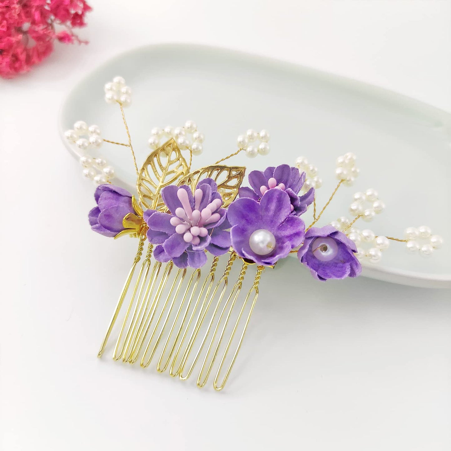 QUEOUNR Flower Wedding Hair Comb, Bridal Hair Combs Decorative Hair Accessories Purple Hair Pins Head-piece Gift for Prom Women Girls Bridesmaid,H31