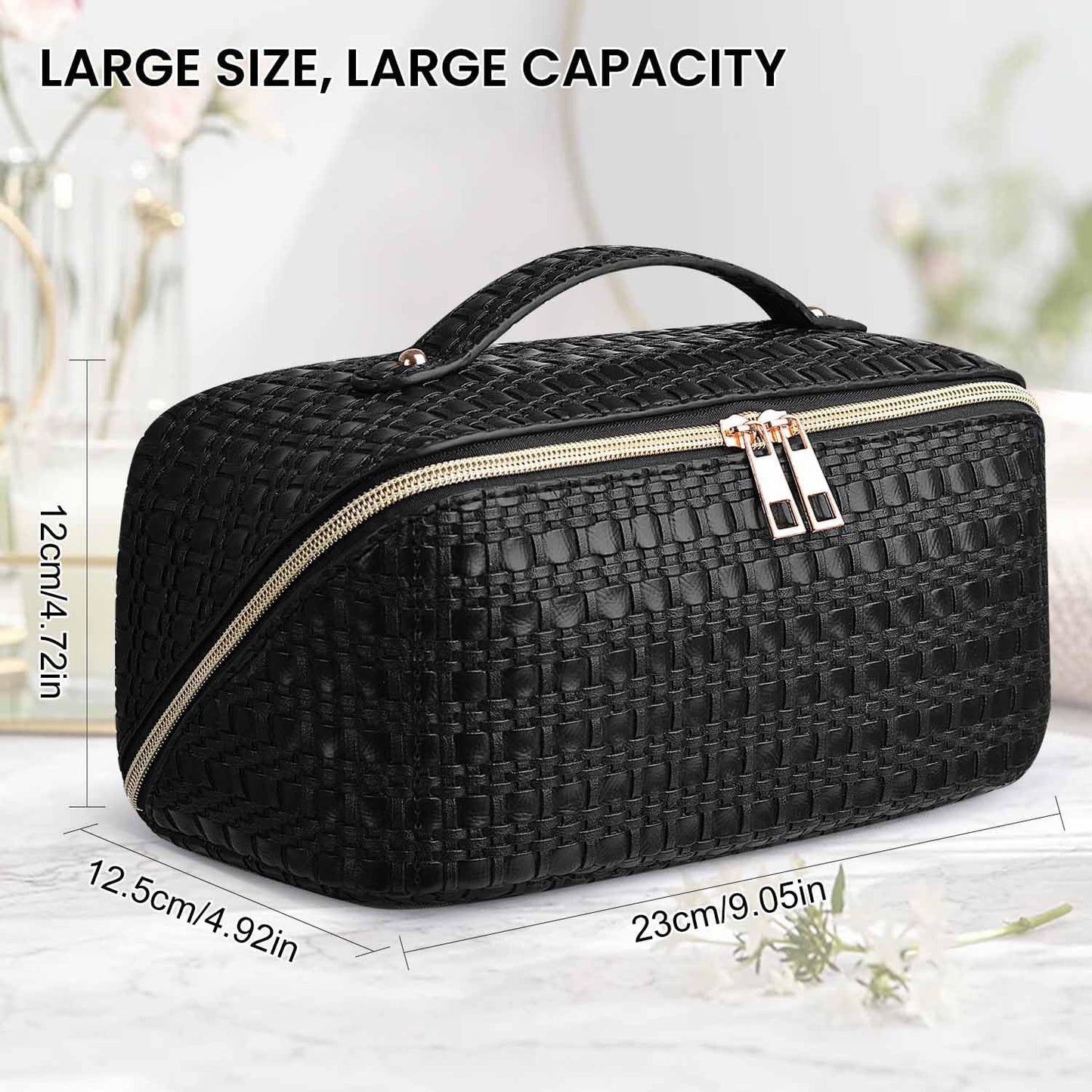 SLUKULU Large Travel Makeup Bag with Multiple Compartments, Waterproof and Easy to Clean. Cute Square Ladies Cosmetics Pouch with Carry Handle for Easy Carrying. (Black)