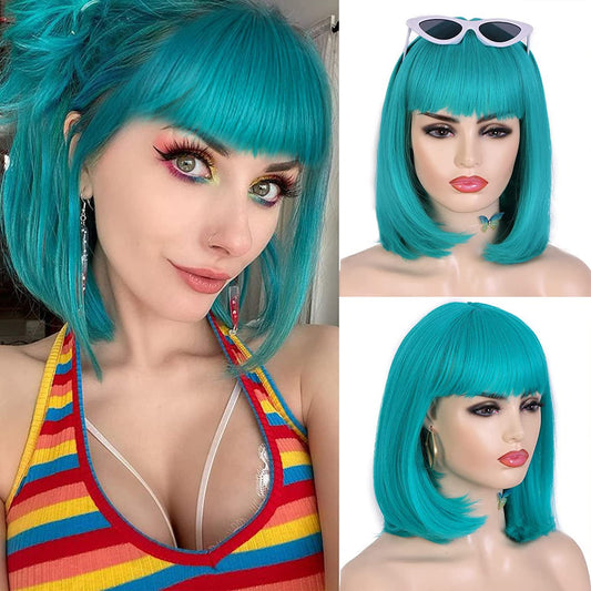 Lady Miranda Teal Wig Short Bob Wig with Bangs Turquoise Wig Short Blue Wig Synthetic Colored Wigs for Women Teal Straight Hair Bob Wig 12Inch Full Bob Wigs Cosplay Wigs for women (Teal Color Wig)