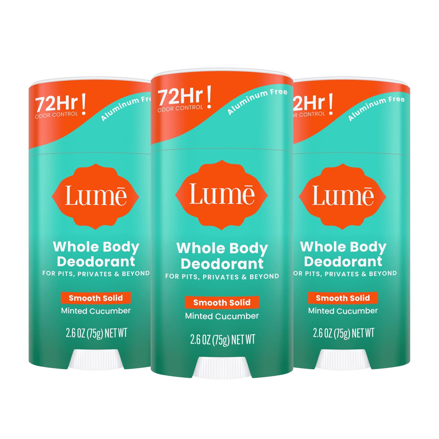 Lume Whole Body Deodorant - Smooth Solid Stick - 72 Hour Odor Control - Aluminum Free, Baking Soda Free and Skin Loving - 2.6 Ounce (Pack of 3) (Minted Cucumber)