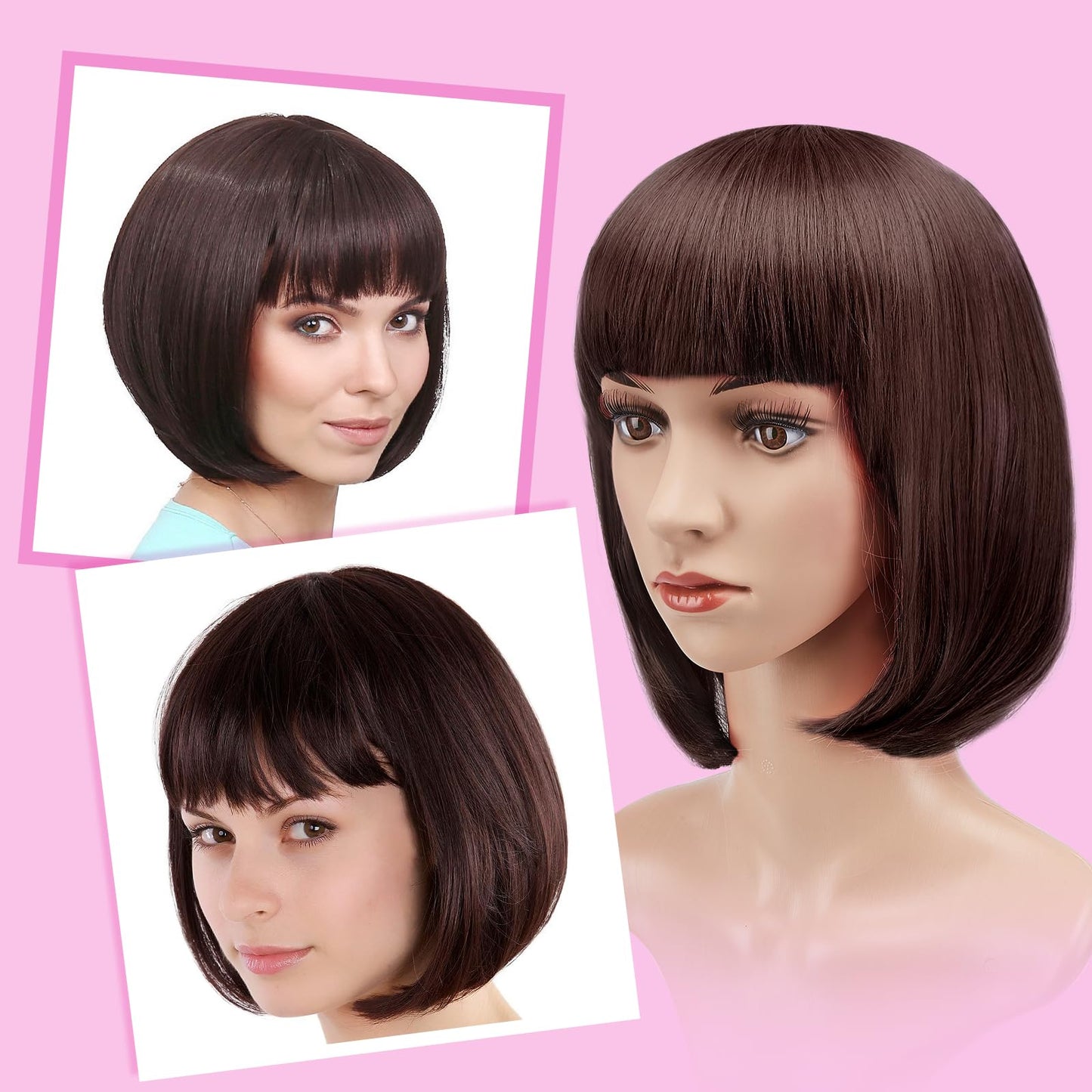 AGPTEK 13 Inches Straight Heat Resistant Short Bob Hair Wigs with Flat Bangs for Women Cosplay Daily Party - Dark Brown