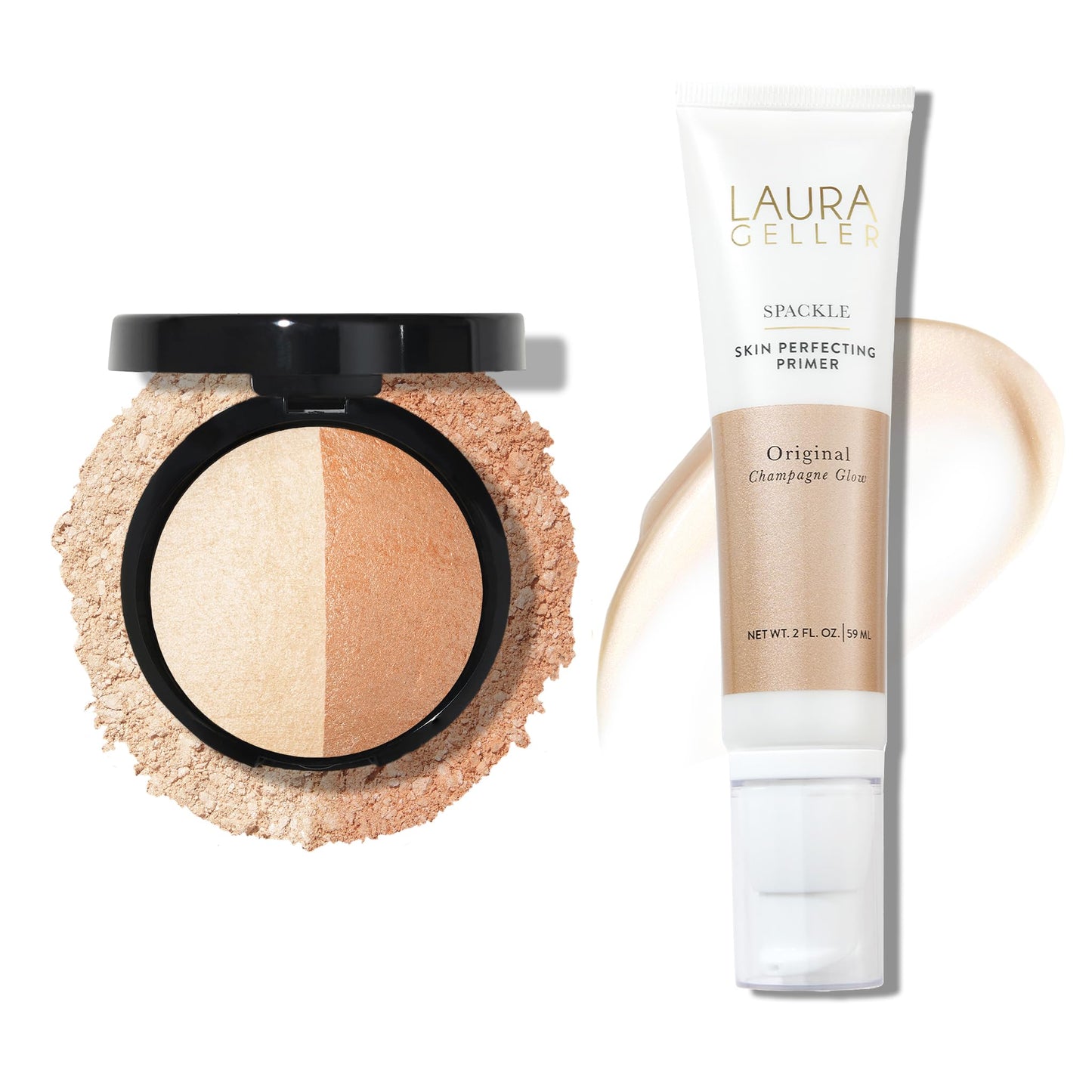 LAURA GELLER NEW YORK Baked Highlighter Low Glow Illuminator - French Vanilla/Portofino + Spackle Super-Size Skin Perfecting Makeup Primer with Hyaluronic Acid - Champagne Glow