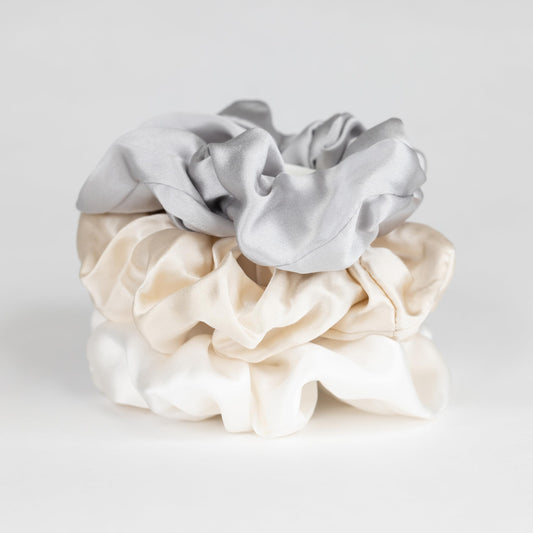 Large 100% Mulberry Silk Scrunchies - Pack of 3 in Nude (White, Champagne, Silver) - Gentle on Hair, Comes in Stylish Satin Bag