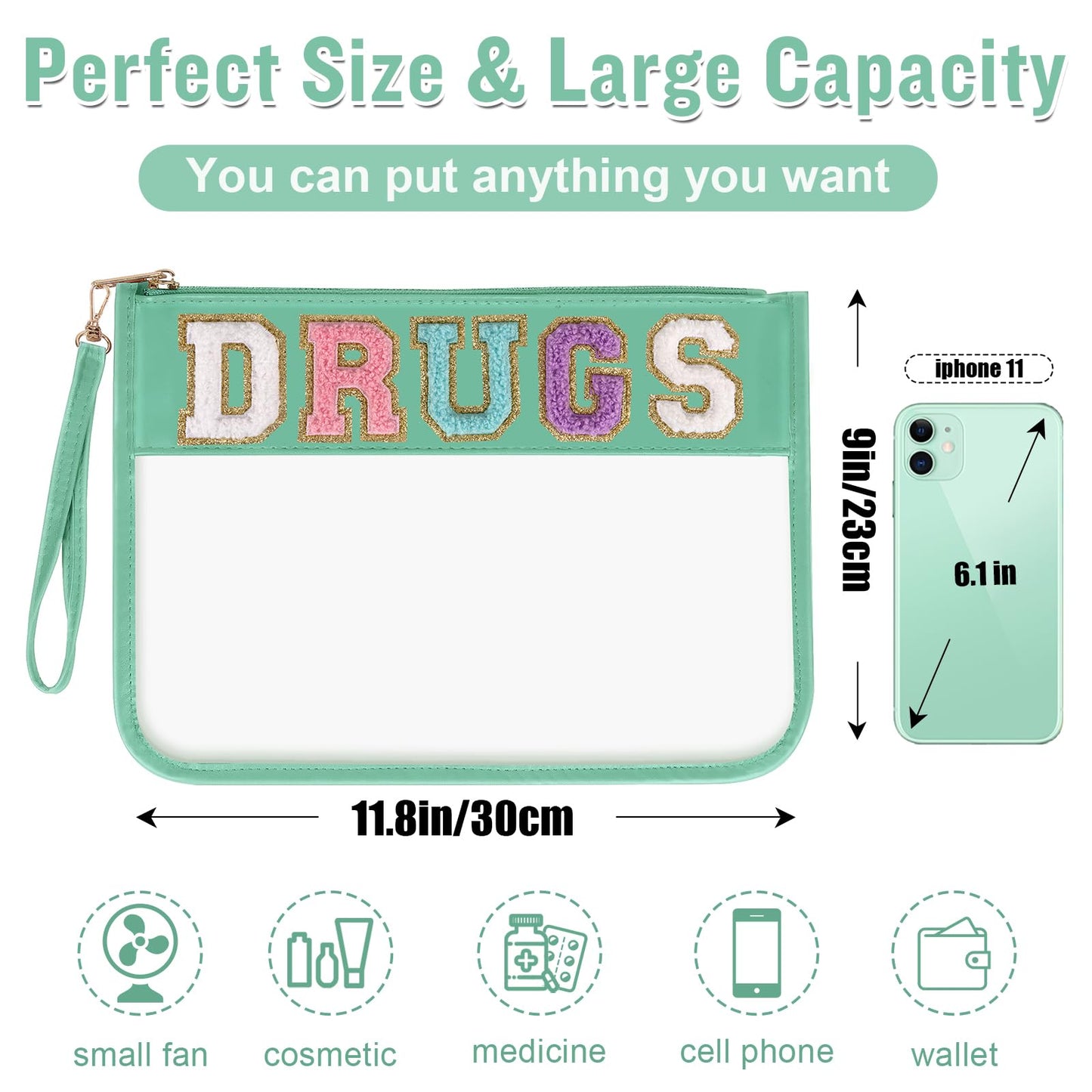 Chenille Letter Clear Bag DRUGS Purse Pouch, Monogram PVC & PU Meds Travel Bag Zipper Pouch with Wristlet, Waterproof Portable Glitter Preppy Cosmetic Pouch Toiletry Bag for Women Girls(DRUGS-Green)