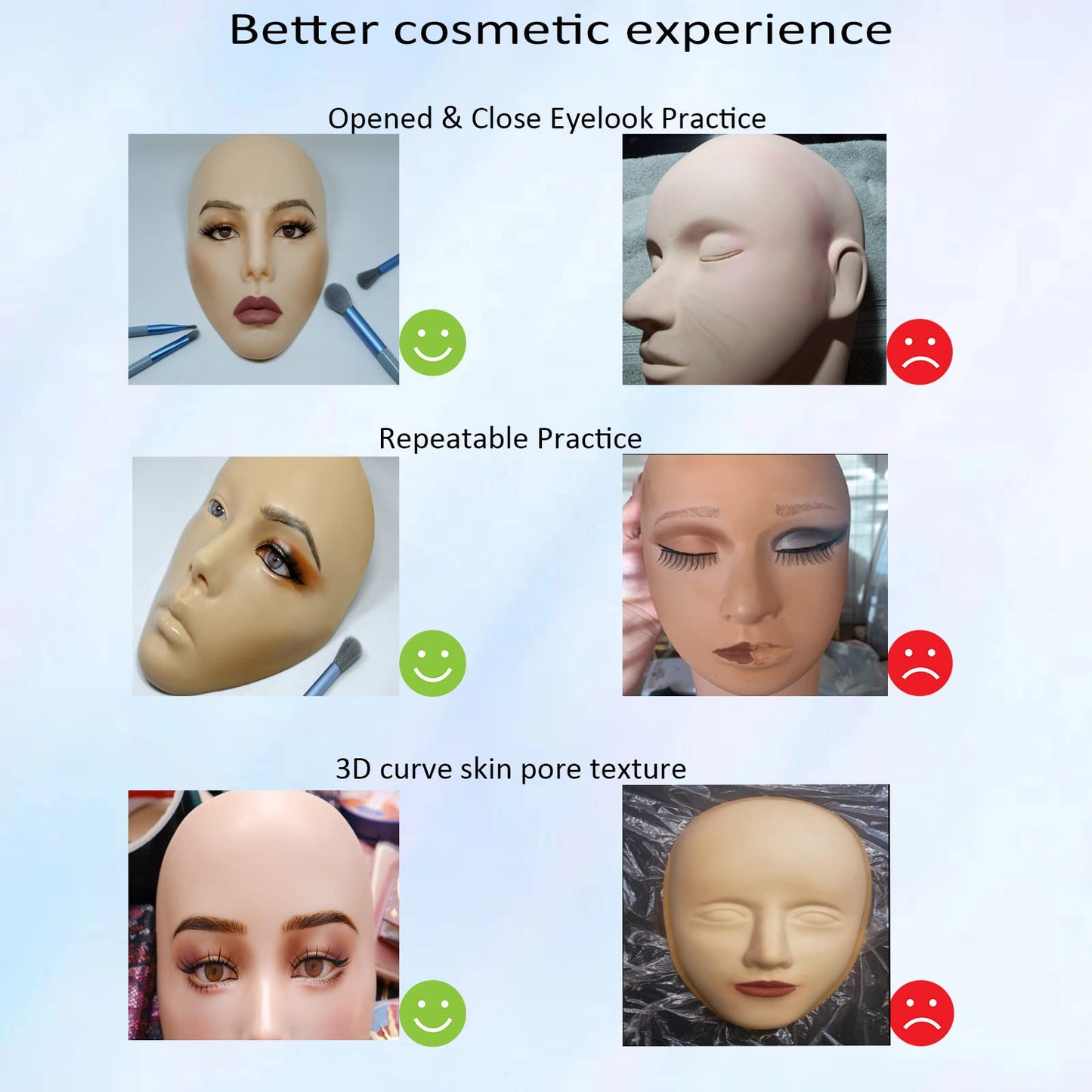 3D makeup Practice Face Board, Silicone Makeup Mannequin Face, Reusable Beginner Practice Eye Makeup Face, Eye Fake Silicone, Makeup Artist Full Face Practice Eyelash Eye Shadow Eyeliner Pen Simulatio