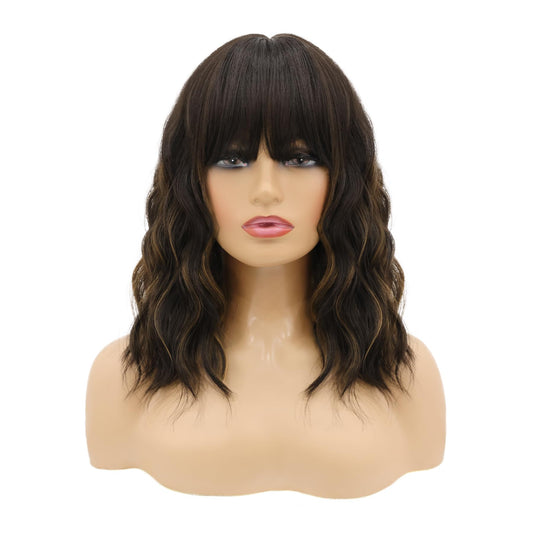 MOSINA Bob wig with Bangs for Women,Black mixed with light brown Wig,14" synthetic bob wigs,Heat Resistant Fiber Wig for Suitable for work, parties and other occasions Use………