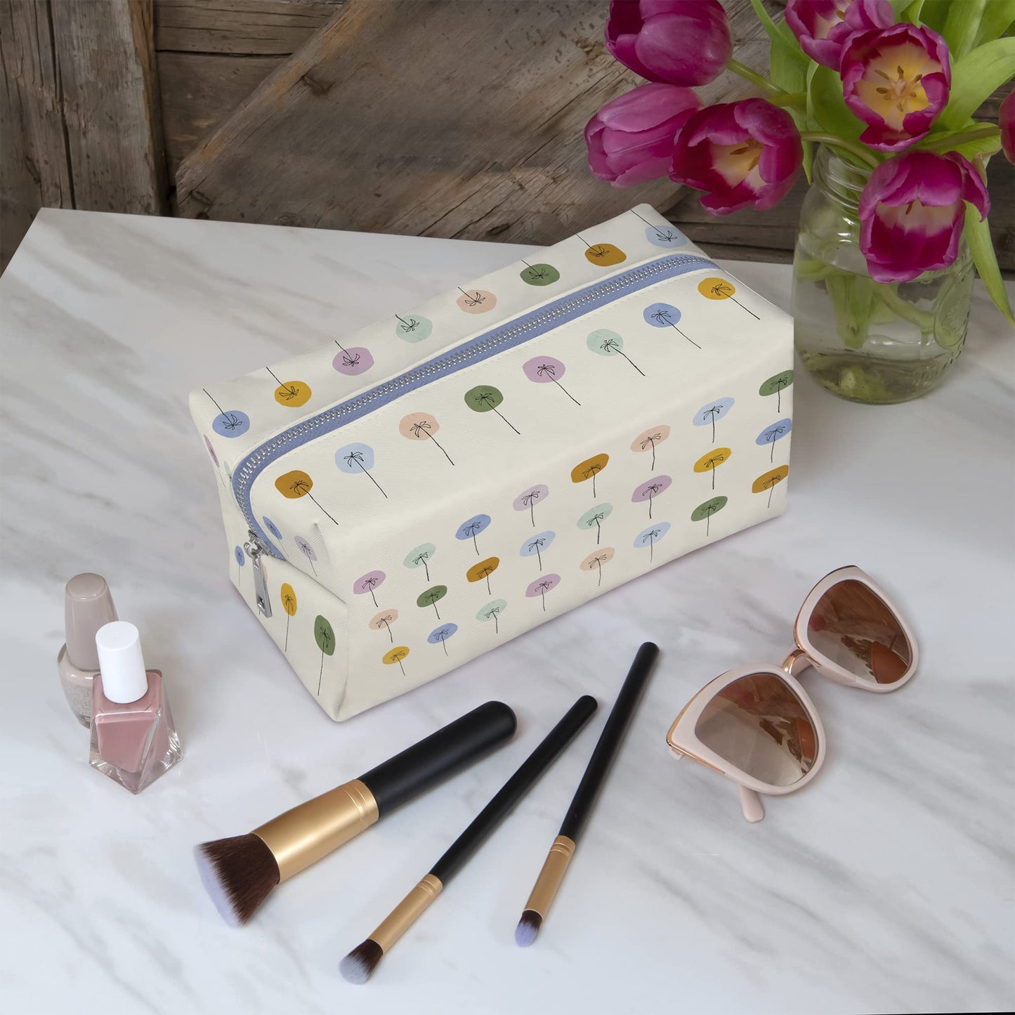 Studio Oh! Cosmetic Bag for Makeup & Toiletries Dotted Palms - Fully Lined, Spacious Size: 10" W x 4.25" H x 4.75" D Loaf Pouch with Full Zip Closure