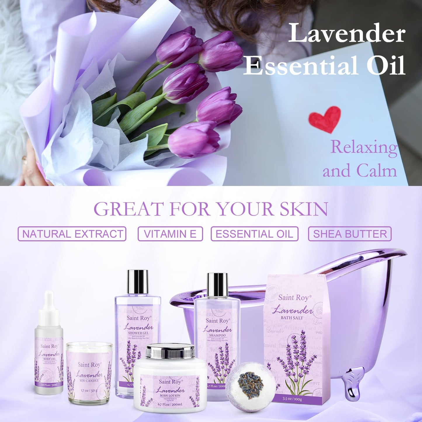 Home Bath Spa Gift Basket for Women - Lavender Bath Sets for Women Gift Aromatherapy Home Spa Kit with Shower Gel, Shampoo, Body Oil, Bath Bomb, Soy Candle & More, Best Gifts for Her Mothers day