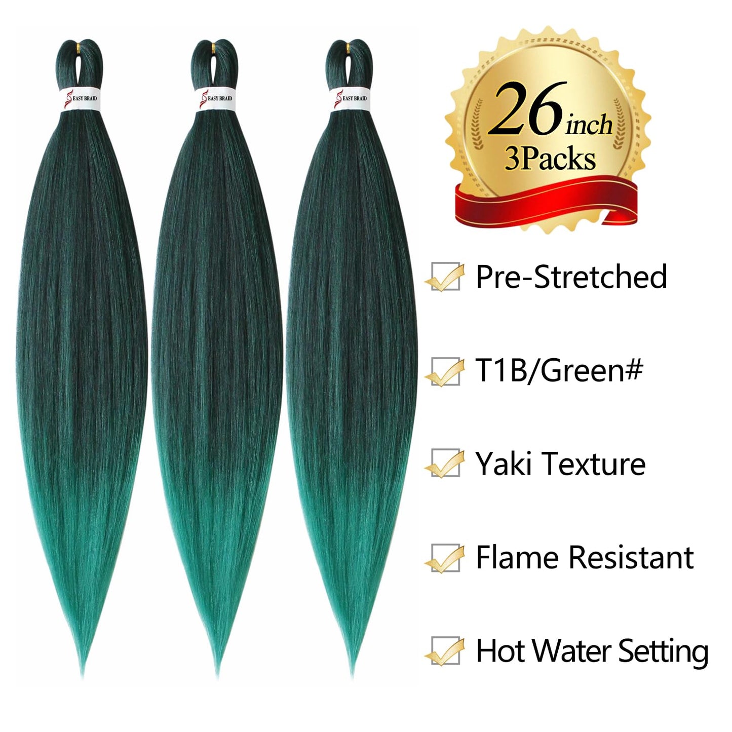 Easy Braid Professional Pre-Stretched Braiding Hair Extensions, 26 inch 3Packs of Itch-Free Synthetic Fiber Crochet Hair with Soft Yaki Texture and Hot Water Setting, Perfect for Professional Use and Easy Styling (26inch, T1B/Green#)