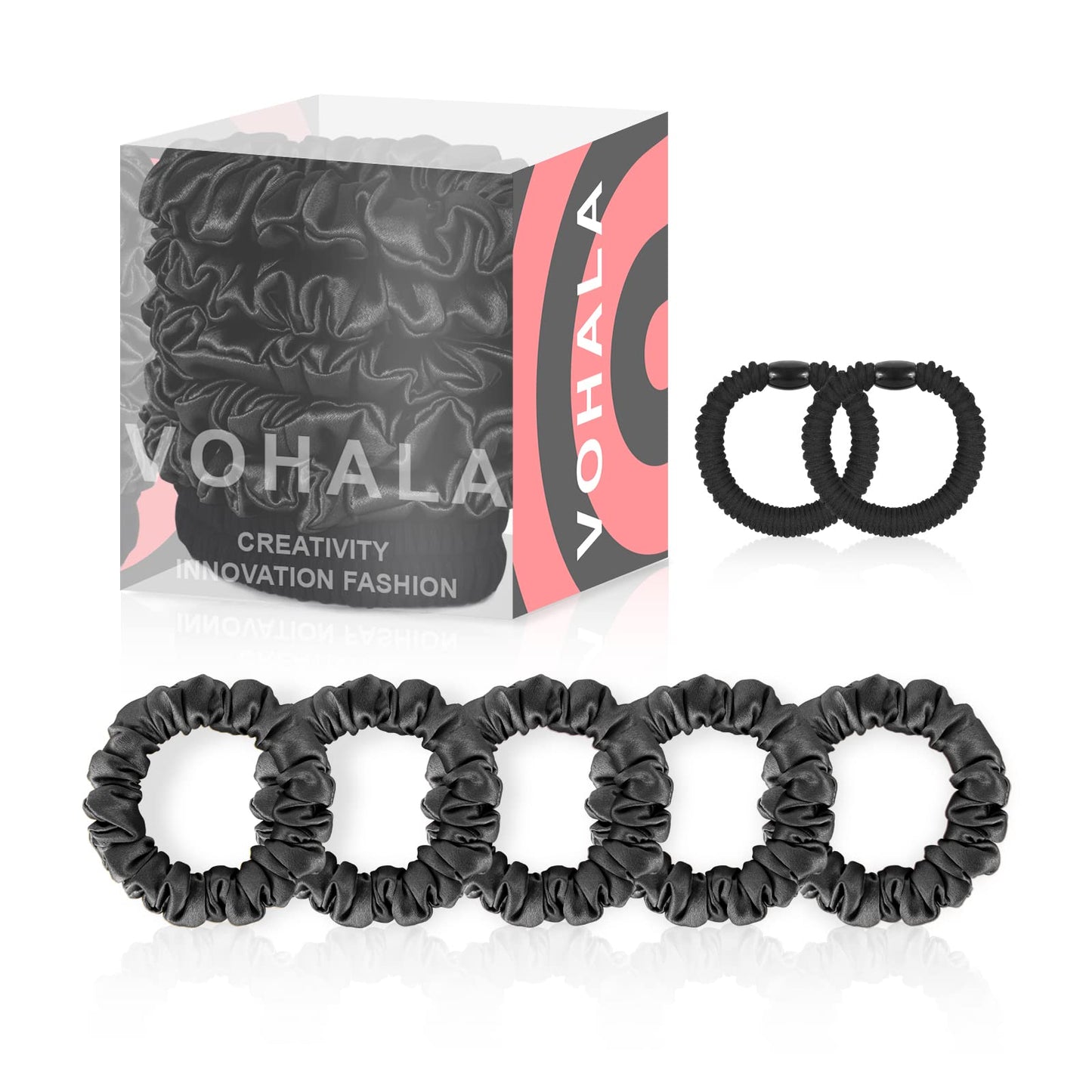 VOHALA 30 Momme Mulberry Small Silk Scrunchies, 5PCS Skinny Silk Scrunchies for Hair & 2PCS Strong Hair Ties Ponytail Holder, Total 7PCS No Damage Luxury Hair Ties for Women (Black)