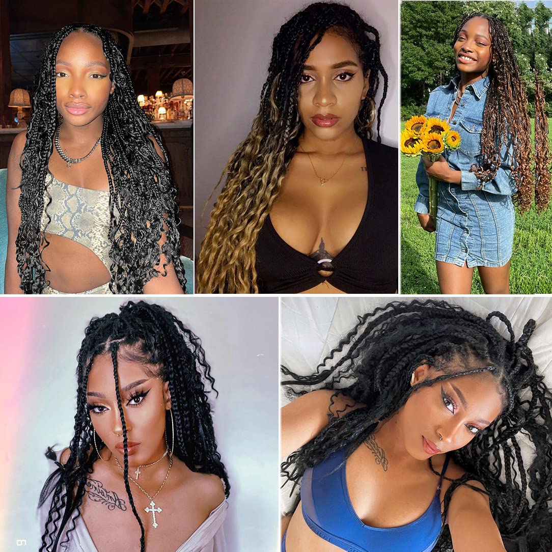 Beverlee Goddess Box Braids Crochet Hair 12 Inch Boho Box Braids 8 Packs Bohemian Box Braids Crochet Hair Crochet Box Braids with Curly Ends Pre-looped Crochet Hair for Black Women