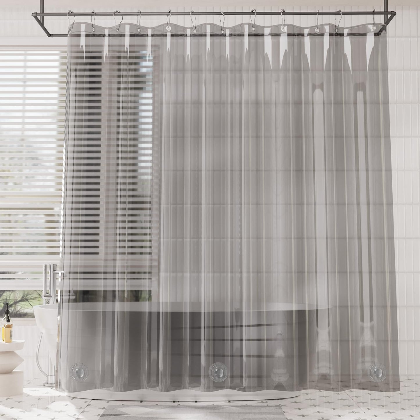 AmazerBath Premium EVA Shower Curtain Clear Grey, Luxury Shower Curtain Grey Jelly-Like Soft, Waterproof Bathroom Shower Curtain with 3 Weighted Stones and 12 Grommets, Recyclable Packaging