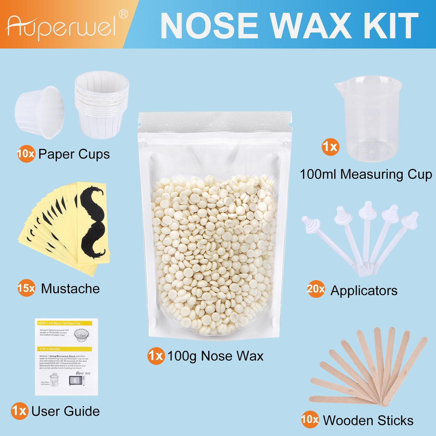 Nose Wax Kit, Auperwel Nose Ear Hair Instant Removal Kits 15-20 Times Usage, Nostril Waxing Kit for Men Women, Safe Easy Quick, 100g Wax, 20 White Stick Applicator, 15 Mustache Guards, 10pcs Paper Cup