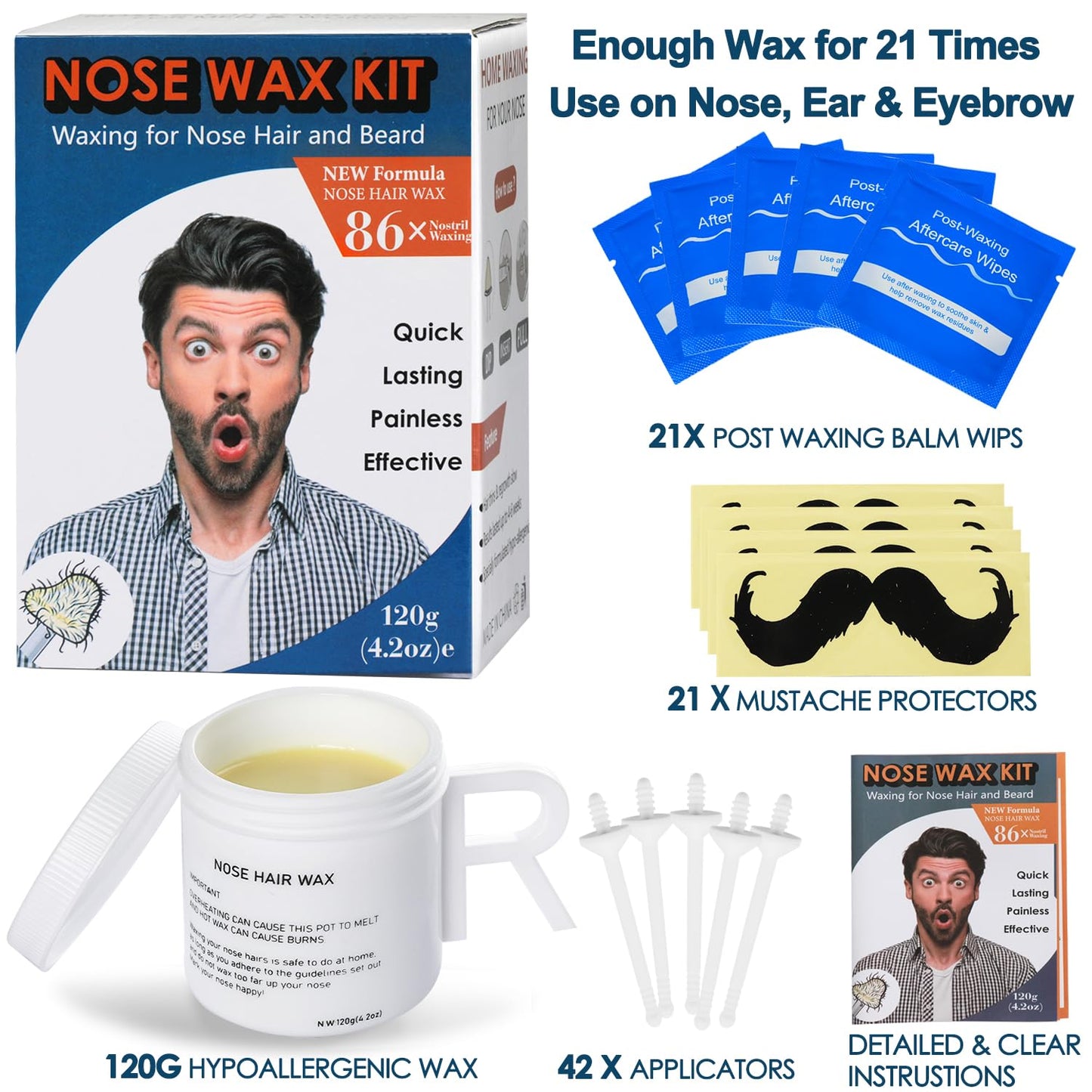 Nose Wax Kit, Best Value 120g Nose Hair Waxing Kit for Men With 42 Nose Wax Sticks, Hypoallergenic Home Waxing Kit for Women Men 21 Post Waxing Balm Wipes, 21 Mustache Guards, Nose and Ear Wax Kit Men