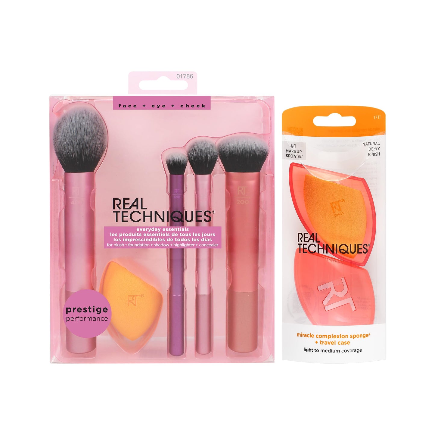 Real Techniques Makeup Brush Kit with Travel Sponge Blender Bundle, Face Makeup Brushes & Sponge, Beauty Sponge Travel Case, For Liquid, Cream, & Powders, Travel-Friendly, 7 Piece Set