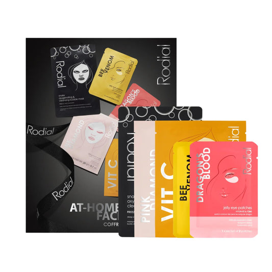 Rodial At Home Facial Edit, Set of 5 Masks: Snake Oxygenating Bubble Sheet Mask, Pink Diamond Instant Lifting Face Mask, Vit C Energising Sheet Mask,Dragon’s Blood and Bee Venom Jelly Eye Patches