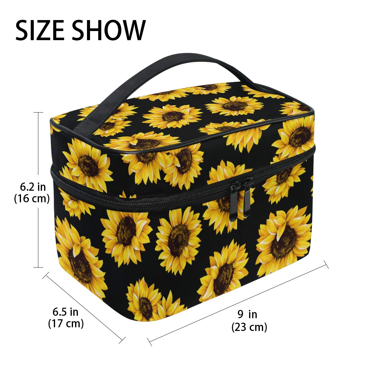 ZOEO Makeup Train Case Sunflower Black Pattern Korean Carrying Portable Zip Travel Cosmetic Brush Bag Organizer Large for Girls Women