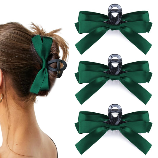 Vodolo Green Bow Hair Claw Clip for Women Girls,3PCS Nonslip Big Bows Hair Claws Barrette for Thick Thin Hair