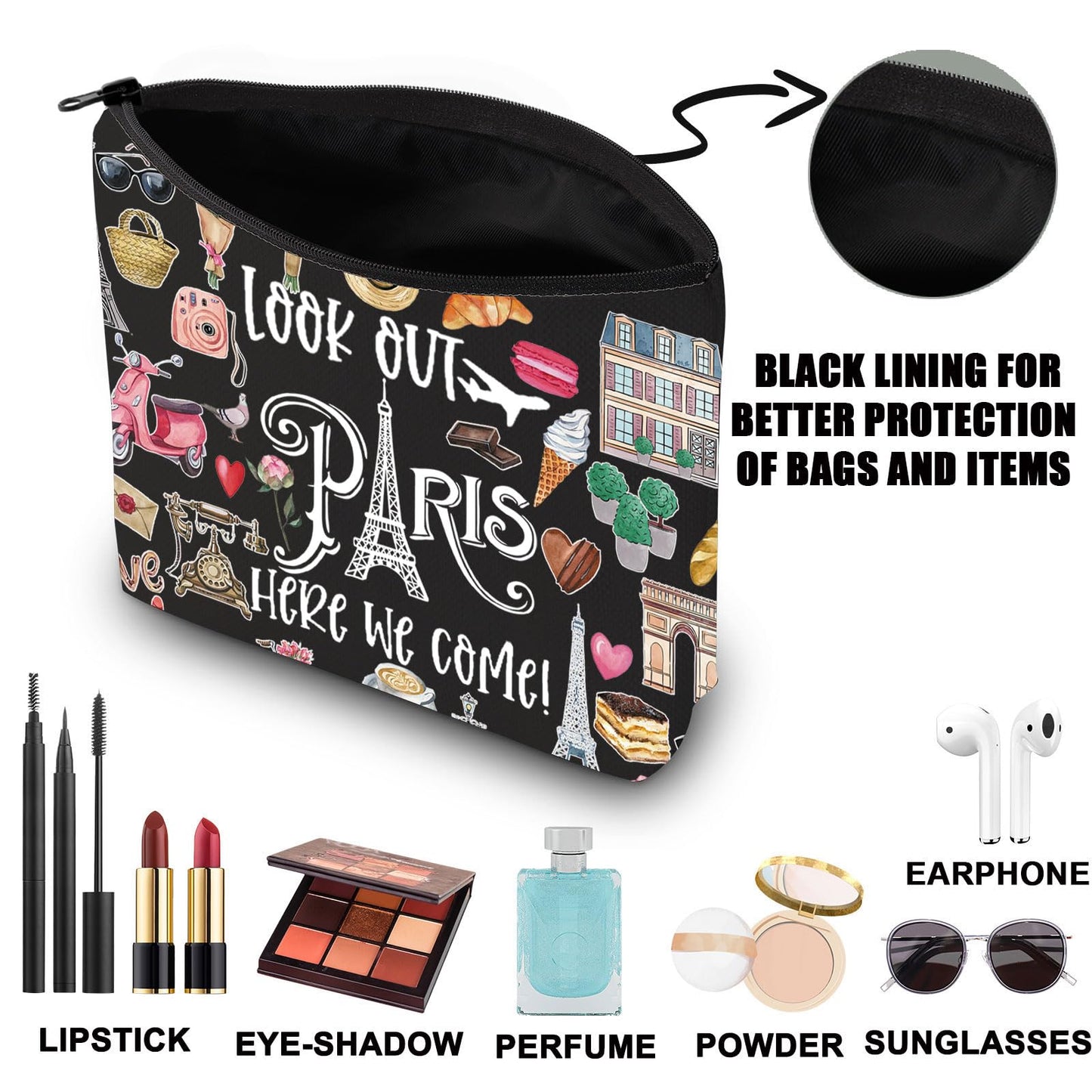 JNIAP Paris Themed Makeup Bag Paris Trip Gifts Paris Travel Bag Paris Toiletry Bag Paris Zipper Pouch Paris Makeup Pouch (look out paris black mb)