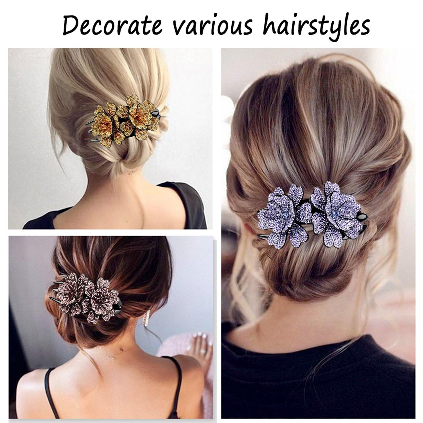 4 Pack of Fancy Crystal Rhinestone Double Flower Duckbill Clip Luxury Blingbling Gems Hair Clips for Women Thick Hair Decorative Non Slip Hair Clips Bun Hair Accessories Elegant Barrettes