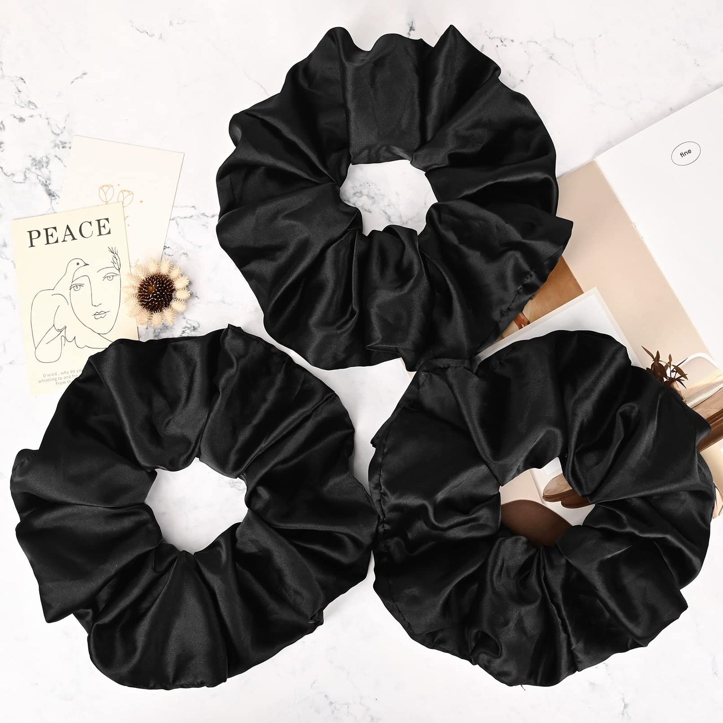 9.5 inch Silk Scrunchies Oversized Scrunchie Jumbo Scrunchies Giant Silk Scrunchie Extra Large Satin Scrunchies Thick Elastic Fluffy Hair Ties for Women and Girls 3 Pack (Black, Black, Black)