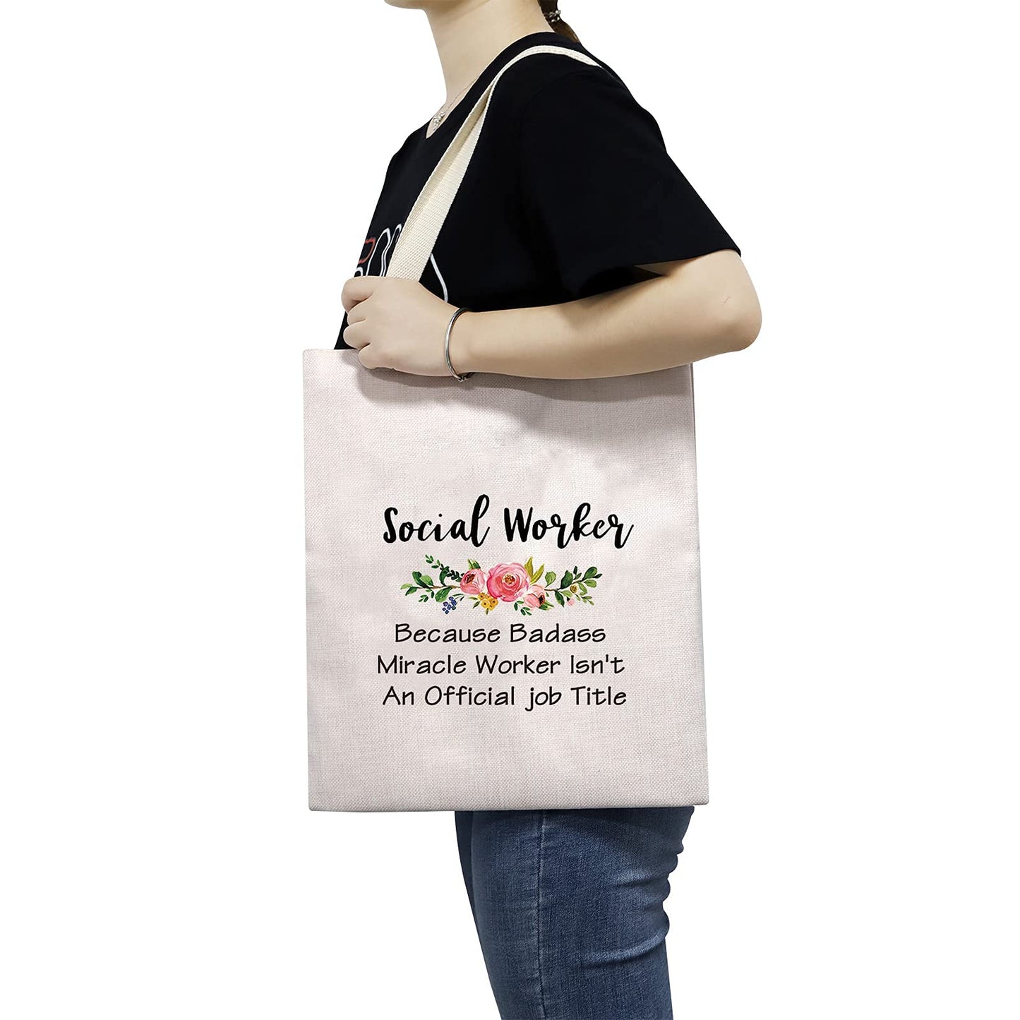 TSOTMO Social Work Appreciation Gift Social Worker Graduation Gift for Woman Because Badass Miracle Worker Isn't An Official Job Title canvas tote bags (Social Worker canvas)