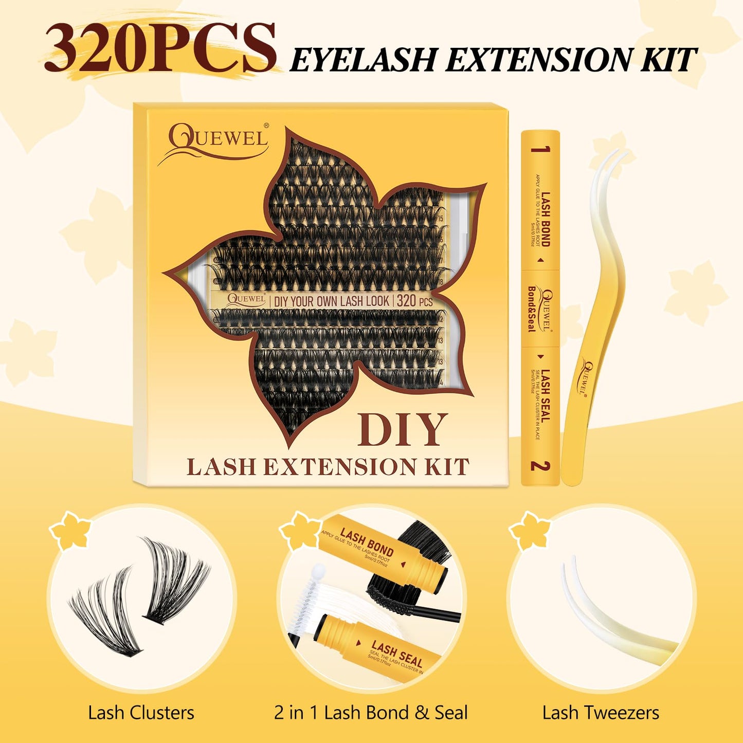 QUEWEL DIY Lash Extension Kit, 320Pcs 60D+80D Lash Clusters Kit Mix 12-18mm Fluffy Eyelash Clusters with Lash Bond and Seal and Lash Tweezers Easily Create Fluffy Lashes Clusters at Home (60+80D Kit)