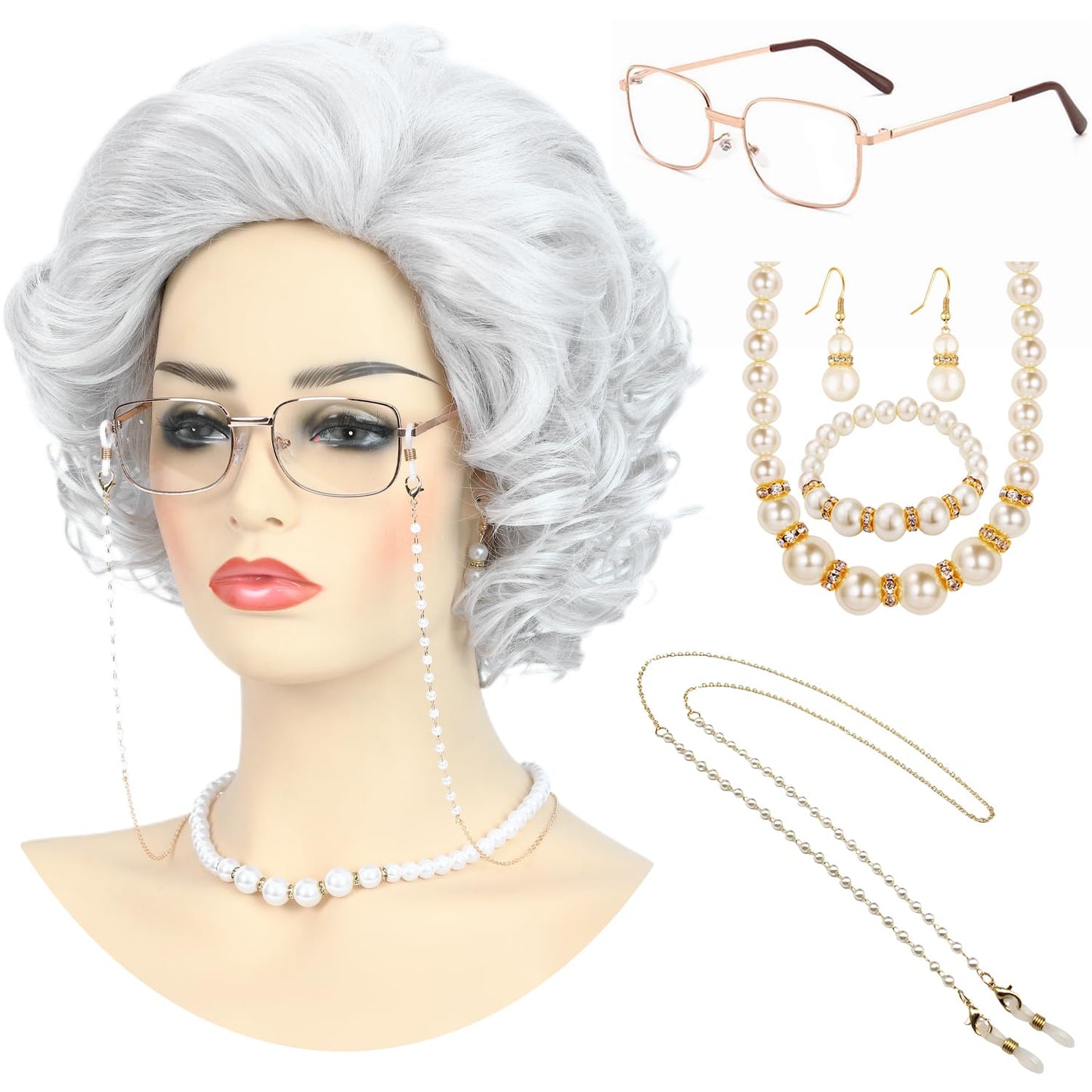 Bettecos Old Lady Wig Costume Set for Women Short Curly Grandma Wig and Glasses Silver White Granny Wigs for Old Woman Cosplay Halloween Party (Silver White/Old Lady)