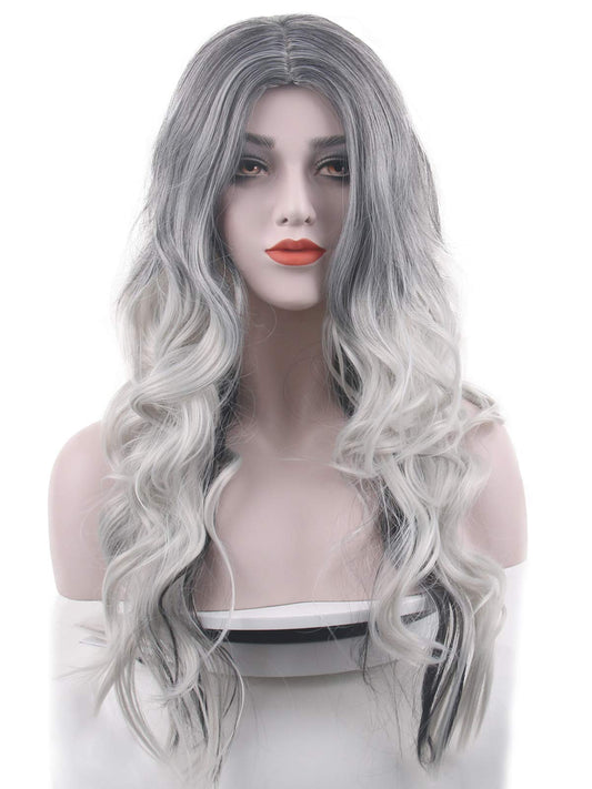 Beautyself Silver Grey Costume Wigs for Women Halloween Curly Long Wavy Fashion Cosplay Ombre Black Mix Gray Hair Wigs with Wig Cap