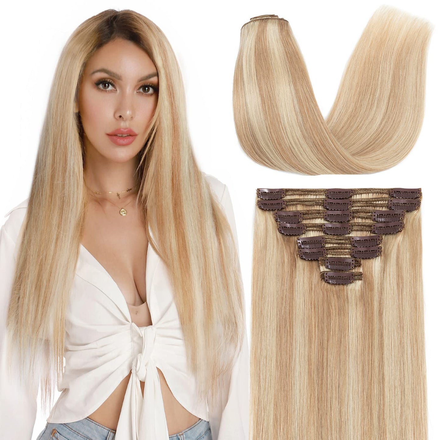 S-noilite Clip in Hair Extensions Real Human Hair 12 Inch Ash Blonde to Bleach Blonde Hair Extensions Balayage Remy Human Hair Clip In For Women Double Weft Human Hair Extensions 8PCS 115g #18P613