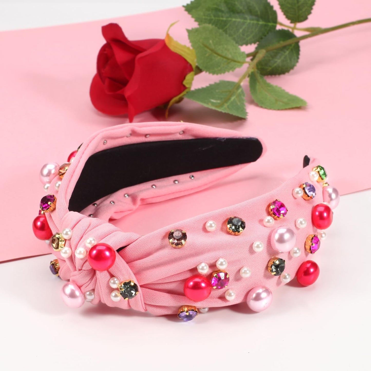 Pink Headbands with Pearl Rhinestone Wide Knotted Headbands Crystal Jeweled Head Bands for Women's Hair Embellished Non Slip Sparkly Hair Accessories for Girls Valentine's Day Gifts