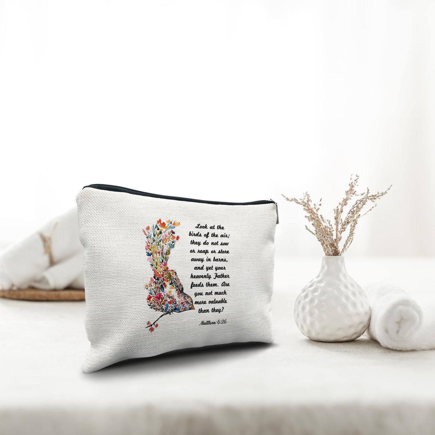 Nogrit Christian Inspirational Makeup Bag Cosmetic Bags for Women, Christian Gifts for Women Faith, Religious Bible Verse Small Makeup Cosmetic Bag for Purse, Floral Makeup Bag, Matthew 6:26