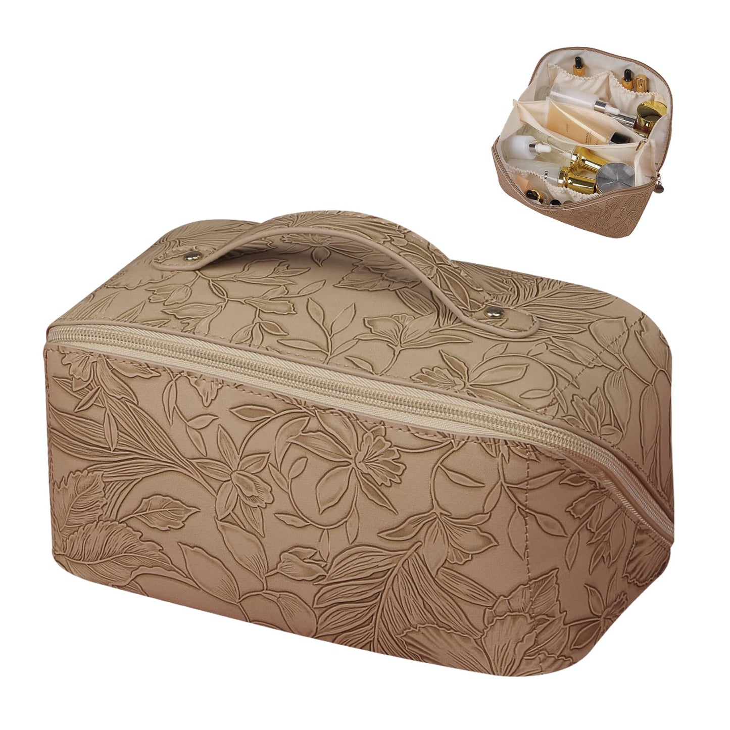 BAKLUCK Floral Makeup Bag, Large Capacity Waterproof PU Leather, Portable Lay Flat Travel Cosmetic Bag for Women and Girl, Khaki