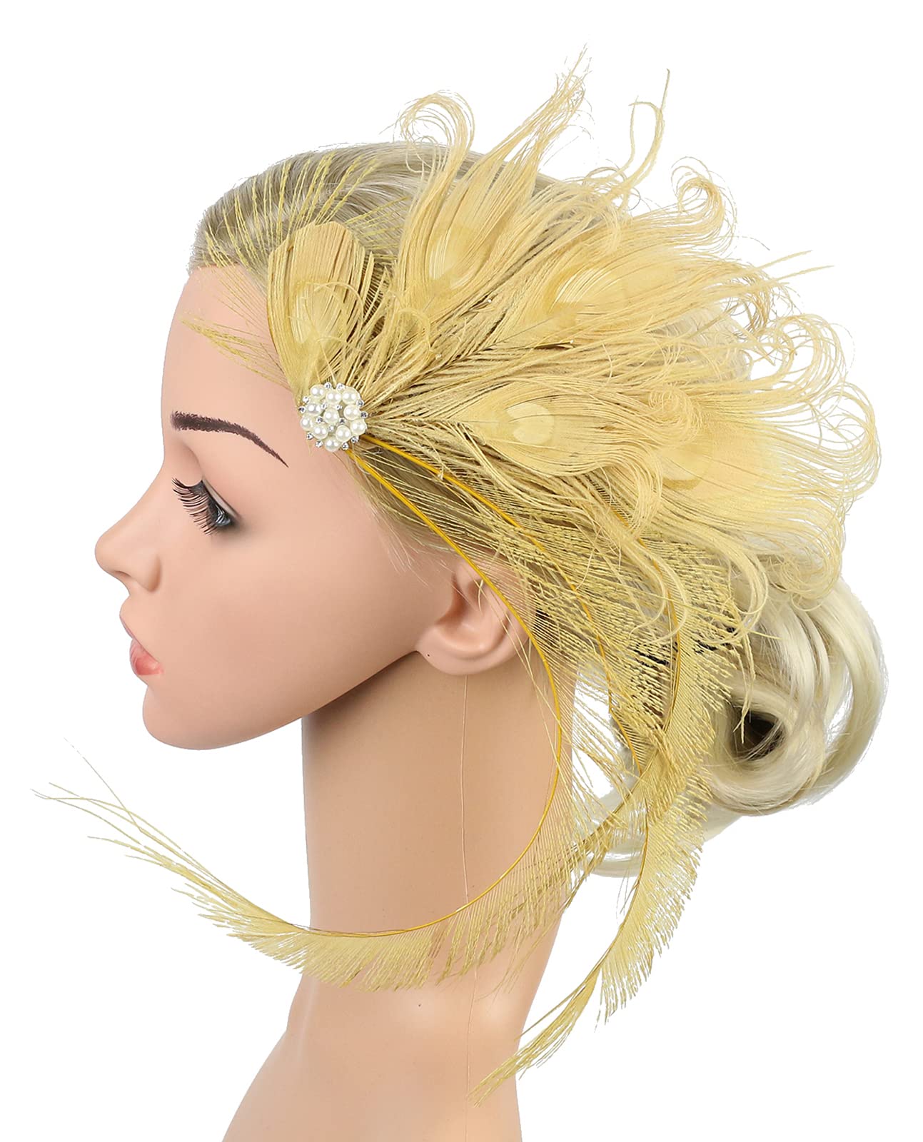 Z&X Peacock Feather Fascinator Hair Clip Headband 1920s Costume Flapper Headpiece (015a- Gold)